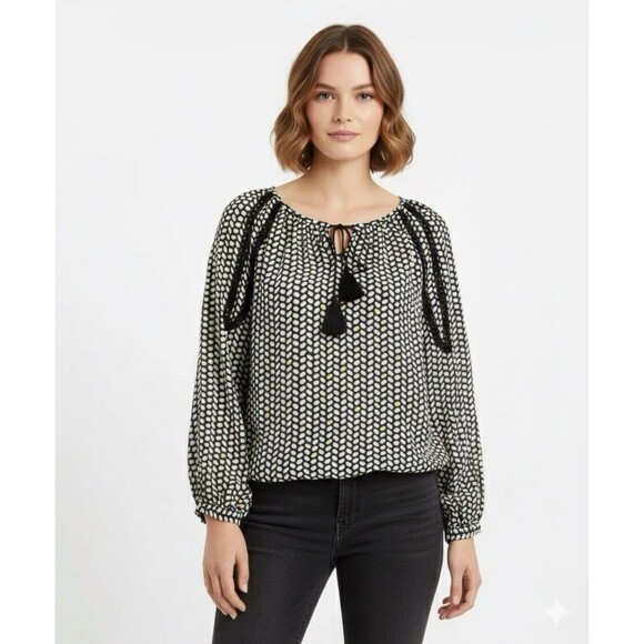 Vince Camuto Black White Yellow Shirt Size L Lace Detail And Drawstrings Tassels - Picture 1 of 16
